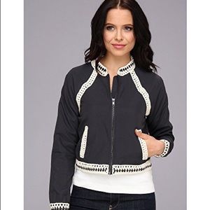 Free People baseball jacket, dark gray color.